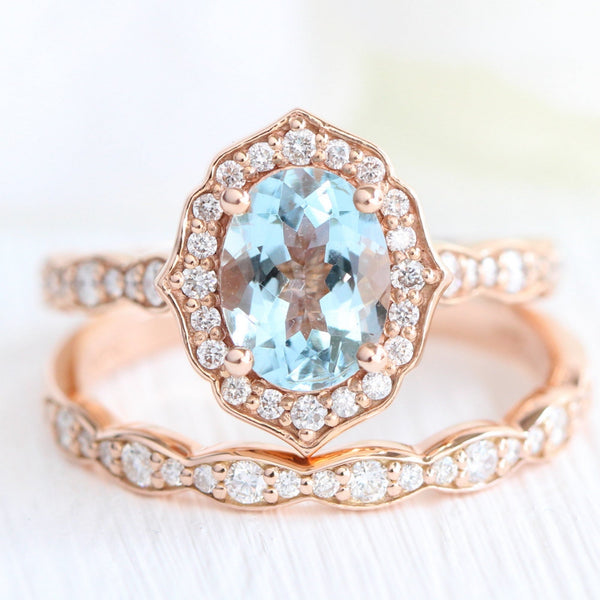 Oval Vintage Floral Bridal Set in Scalloped Band w/ Aquamarine and Diamond